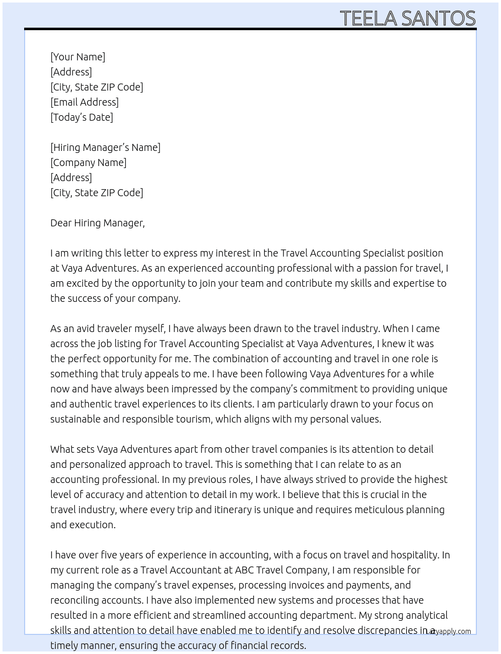 Travel Accounting Specialist At Vaya Adventures Cover Letter