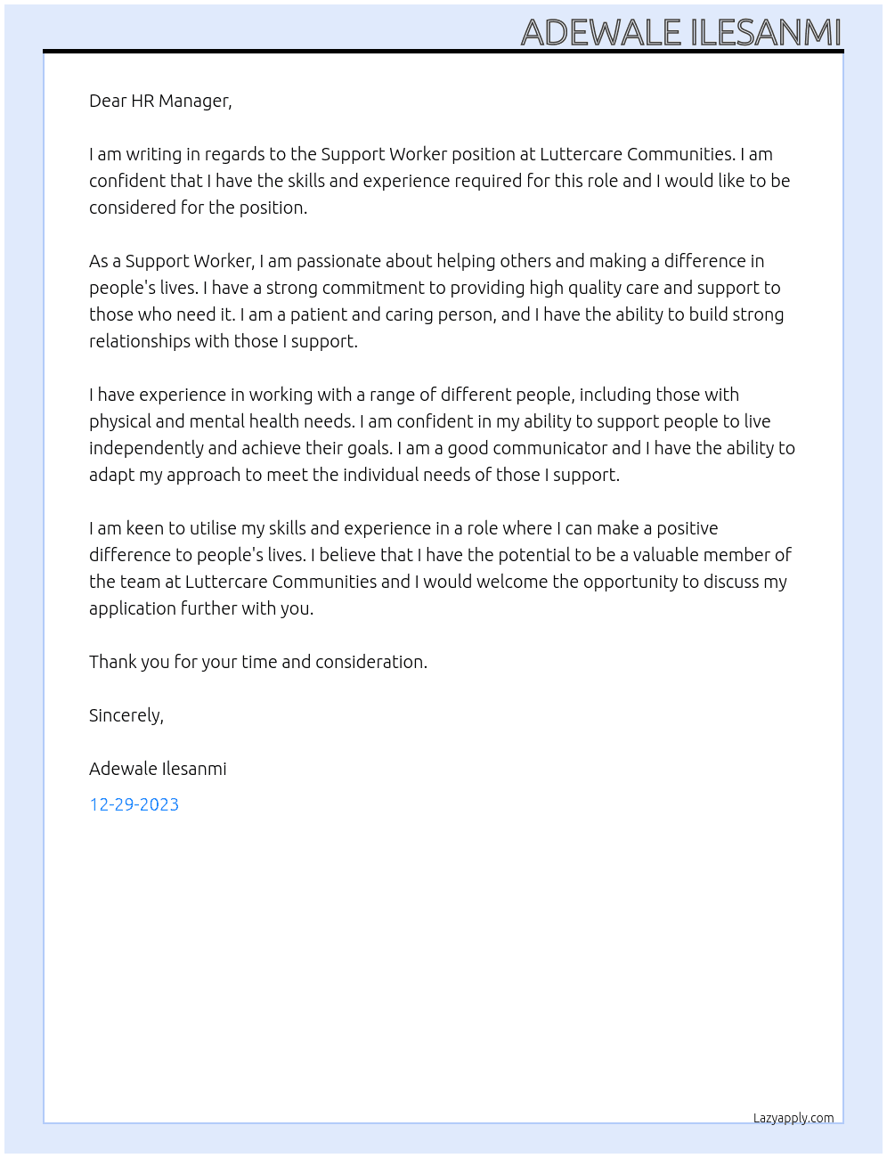 SUPPORT WORKER At LUTTERCARE COMMUNITIES Cover Letter