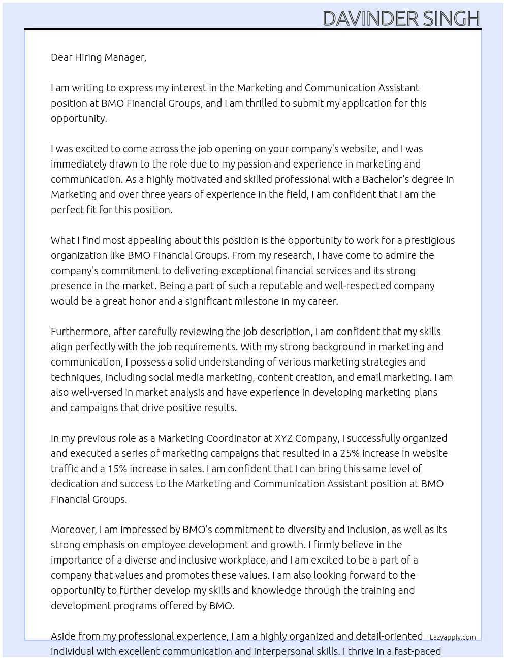 Marketing and Communication Assistant At BMO Financial Groups Cover Letter