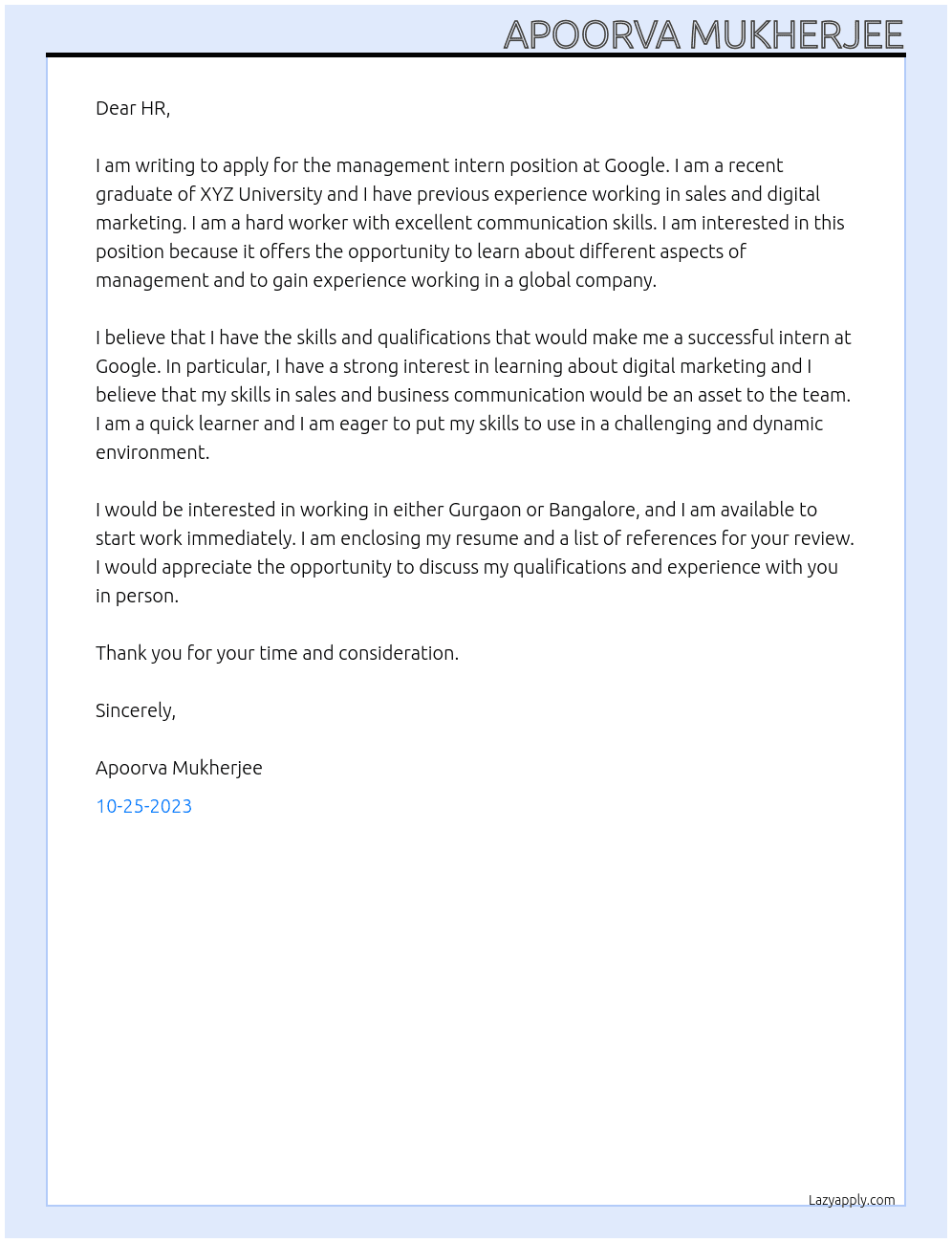 management intern  At google Cover Letter
