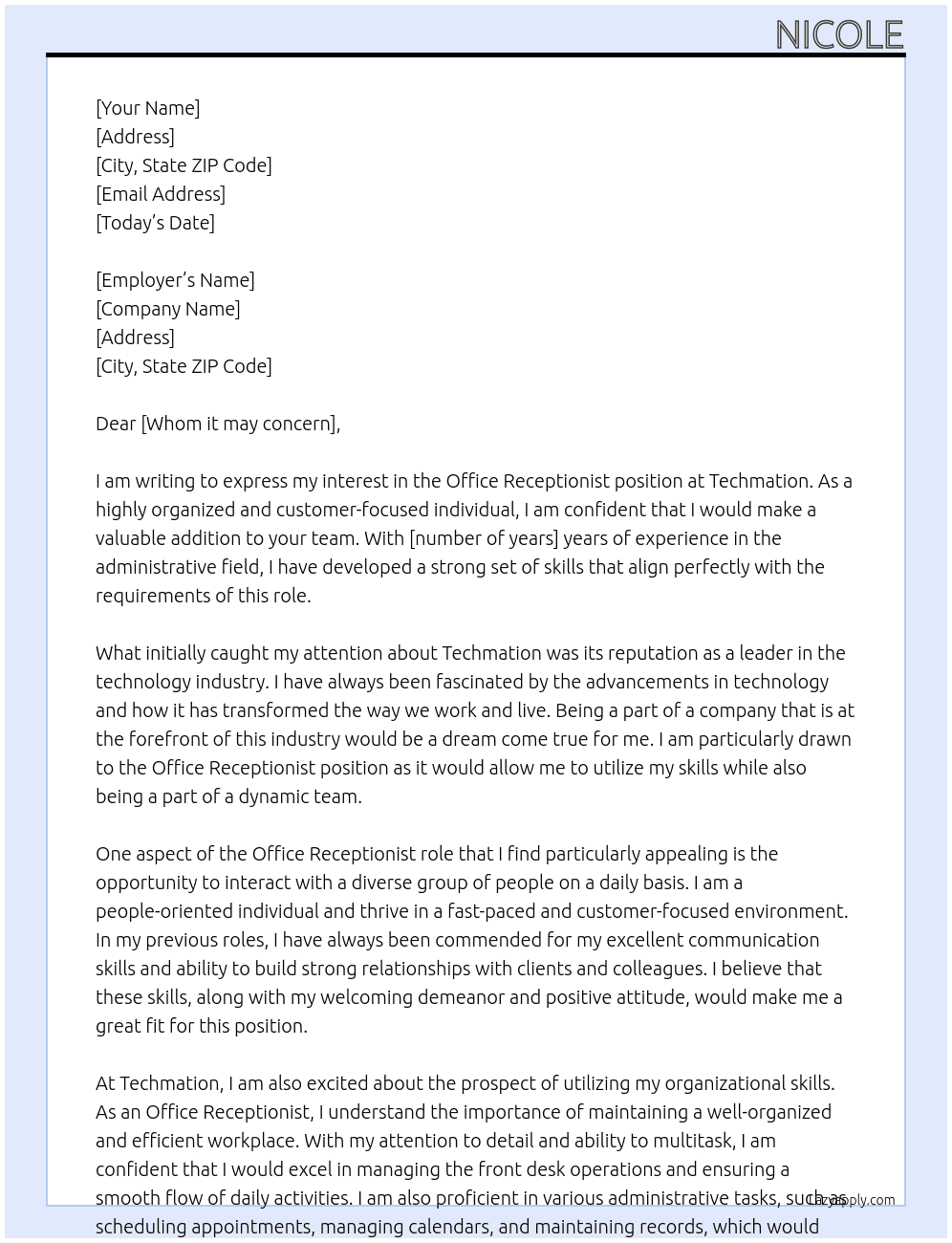 Office Receptionist At Techmation Cover Letter
