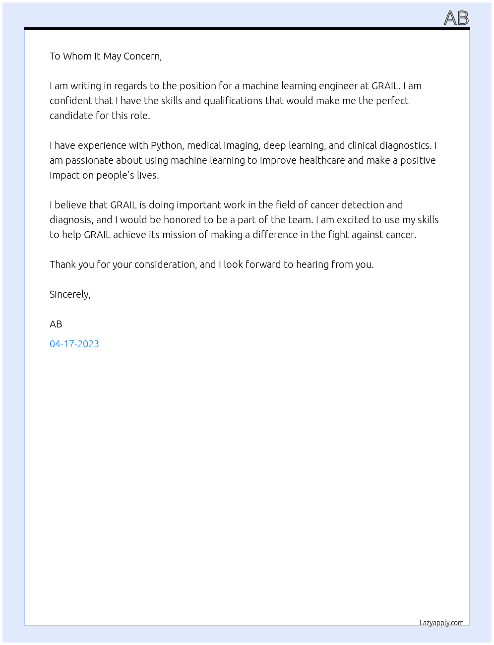 Machine learning engineer At GRAIL Cover Letter
