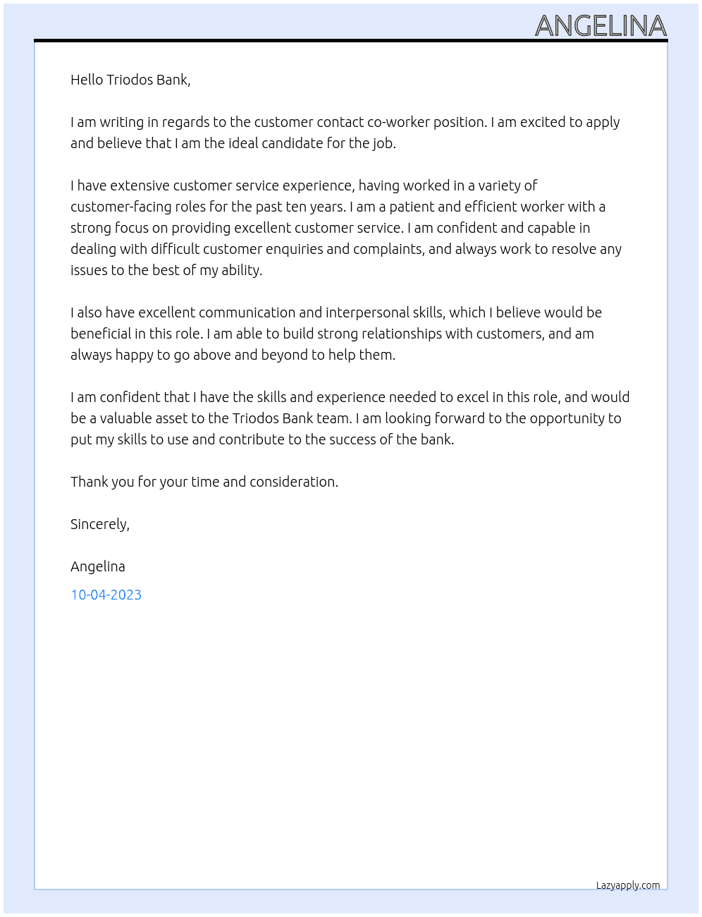 Customer contact co-worker At Triodos Bank Cover Letter