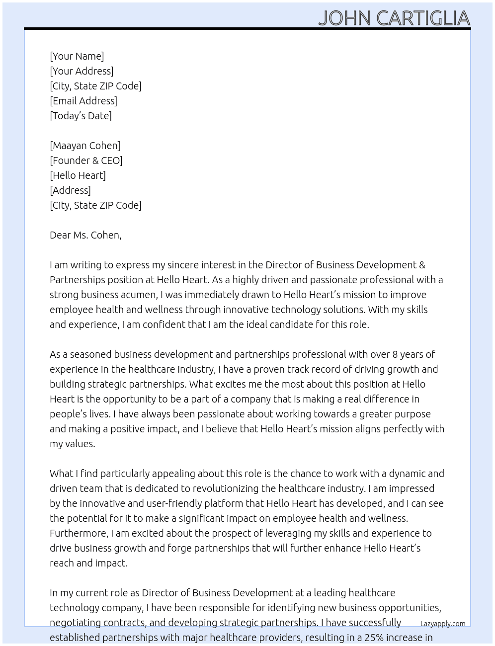 Director of Business Development & Partnerships At Hello Heart Cover Letter