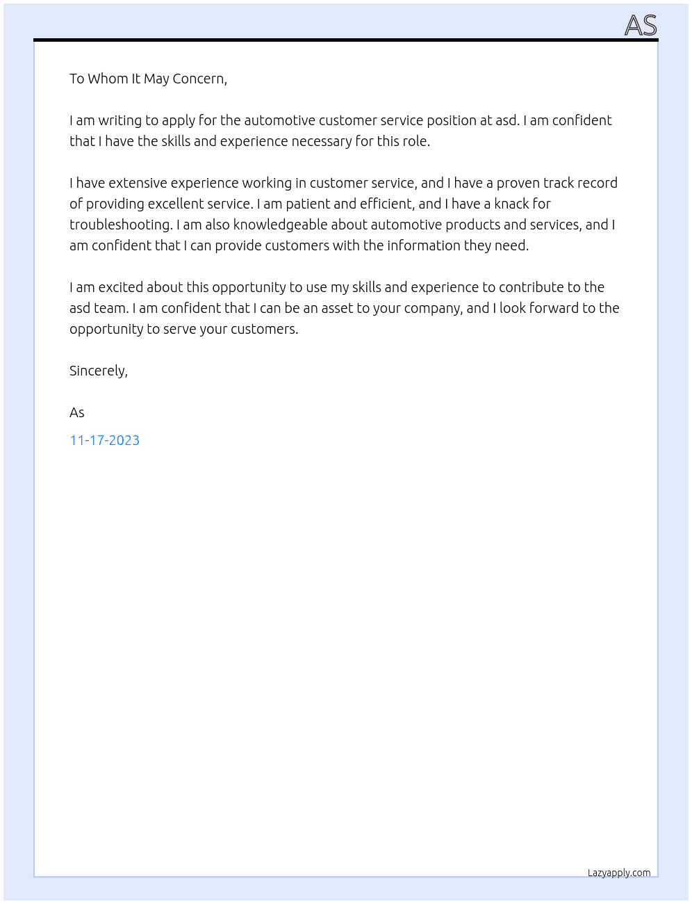 Automotive customer service At asd Cover Letter