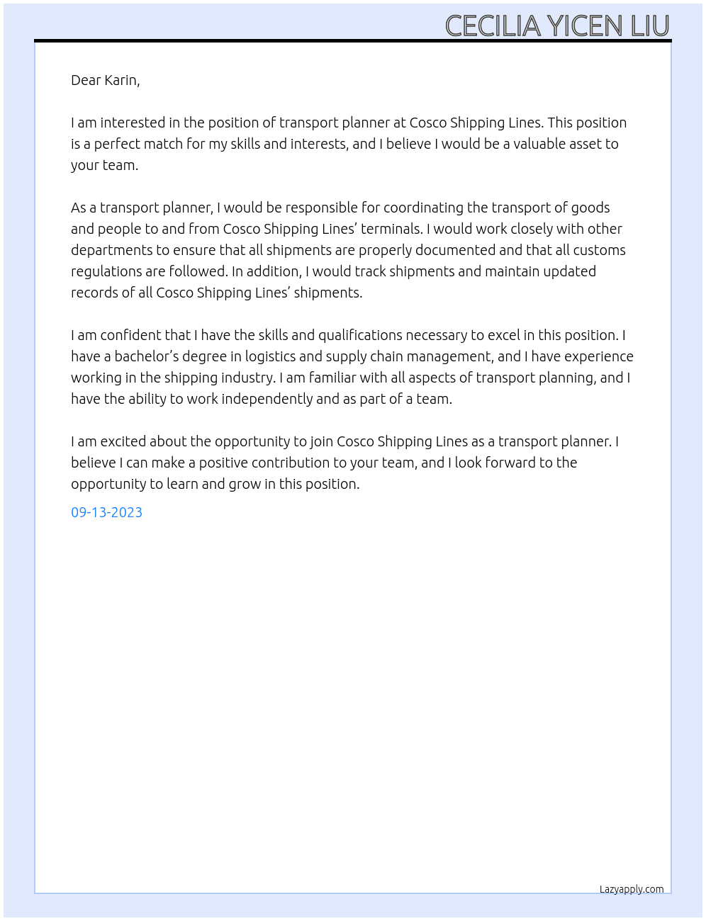 Transport planner At Cosco Shipping Lines Cover Letter
