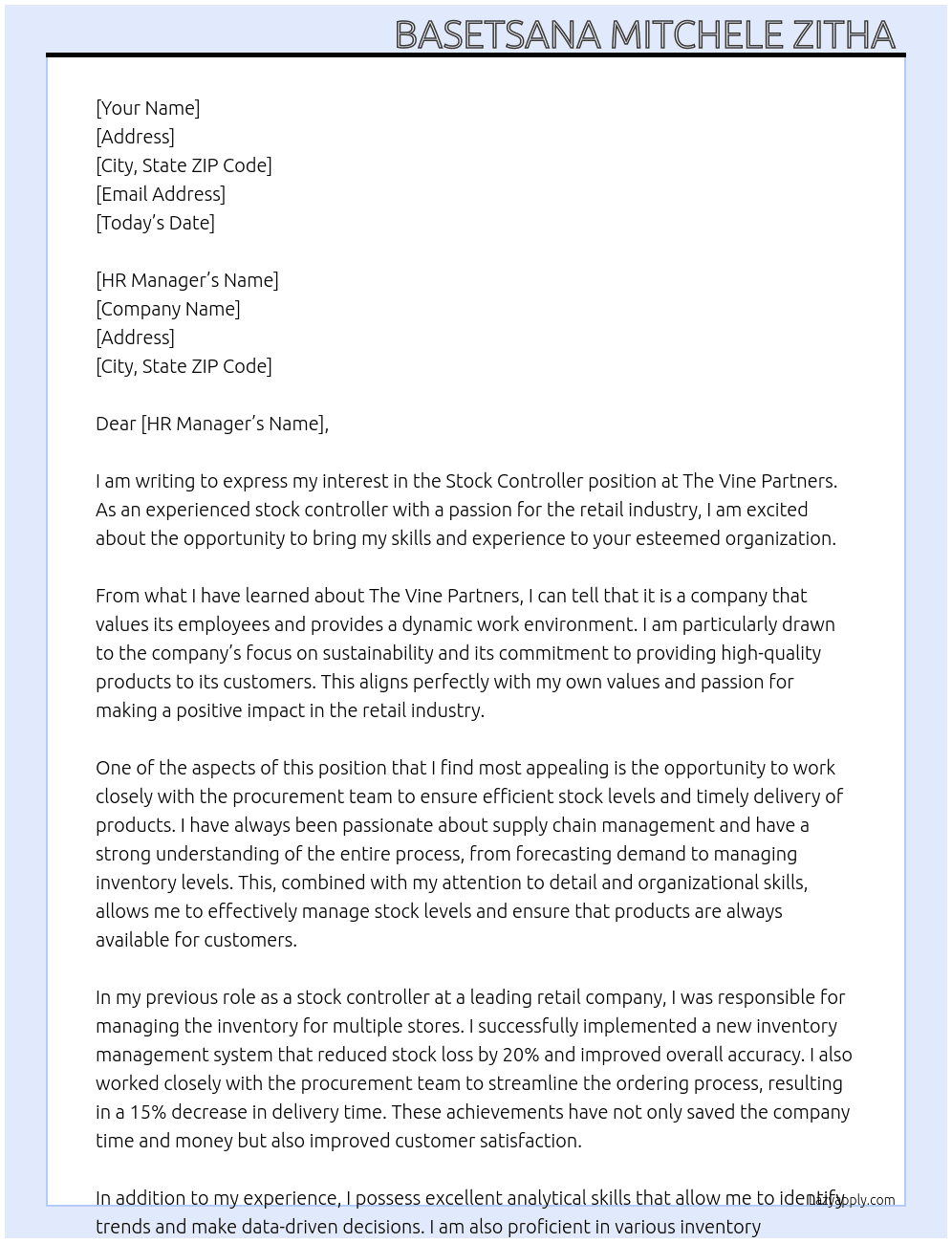 Stock Controller  At The vine partners  Cover Letter