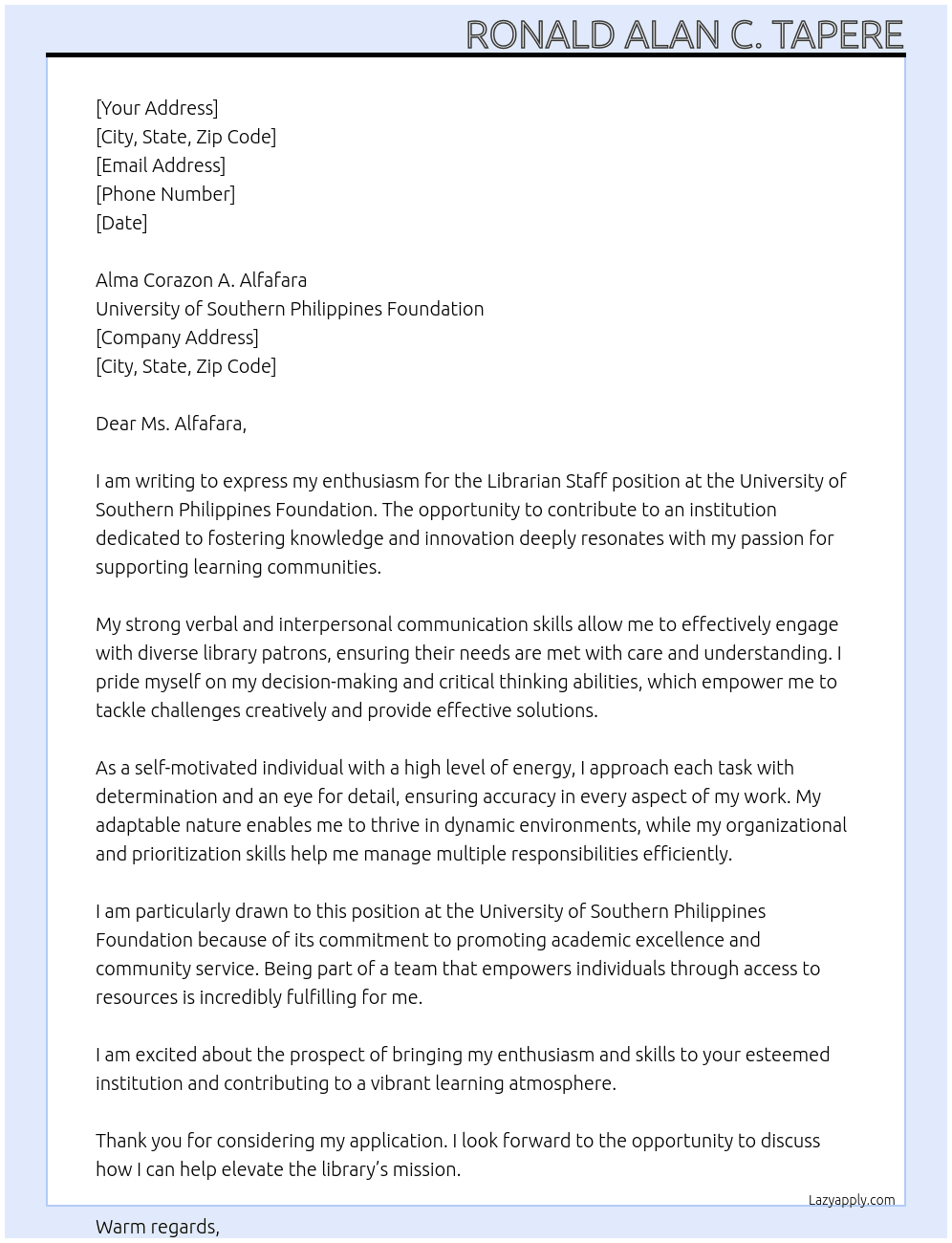 librarian staff At University of Southern Philippines Foundation.  Cover Letter