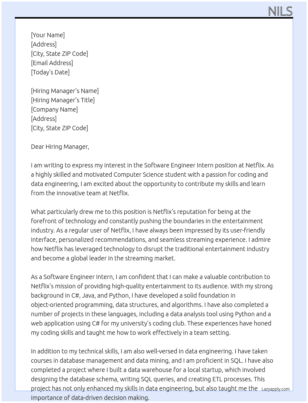 Software Engineer Intern At Netflix Cover Letter