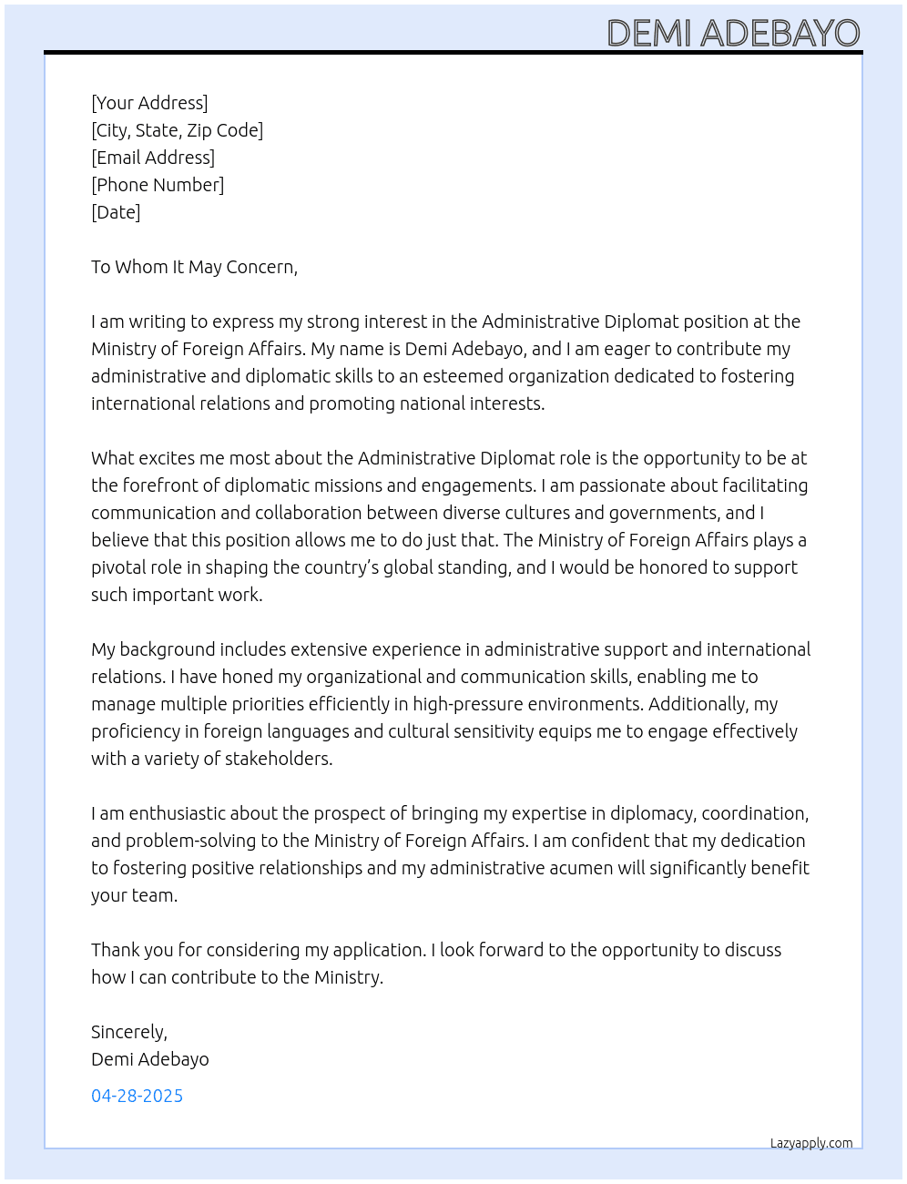 Administrative diplomat At Ministry of Foreign Affairs  Cover Letter