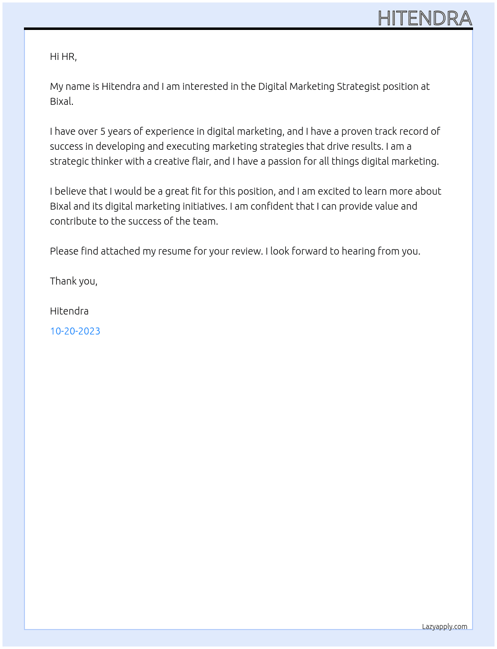 Digital Marketing Strategist At Bixal  Cover Letter