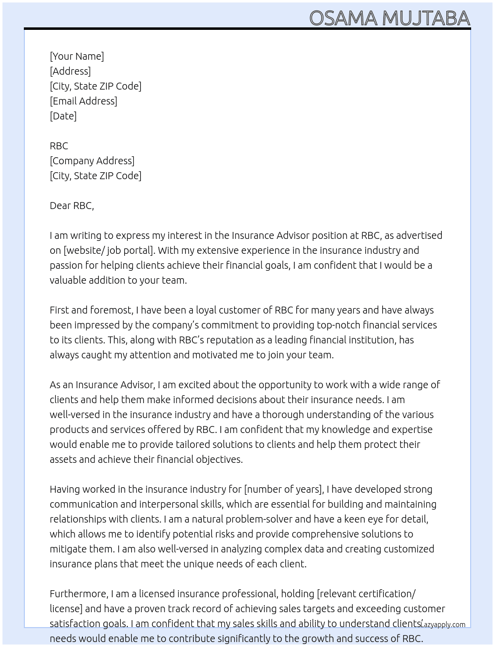 Insurance Advisor At RBC Cover Letter