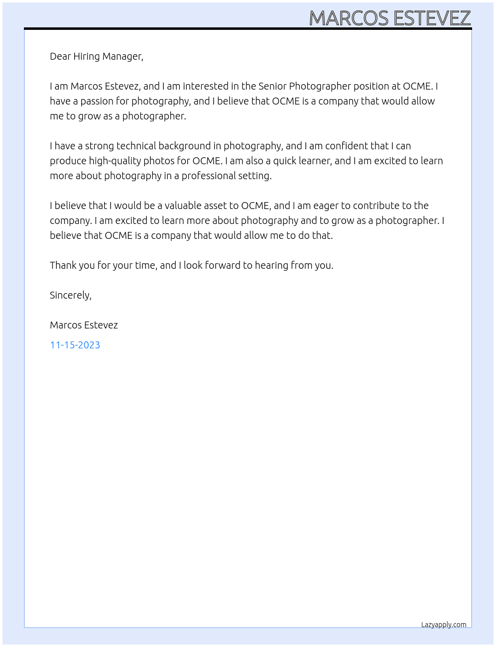 Senior Photographer At OCME Cover Letter
