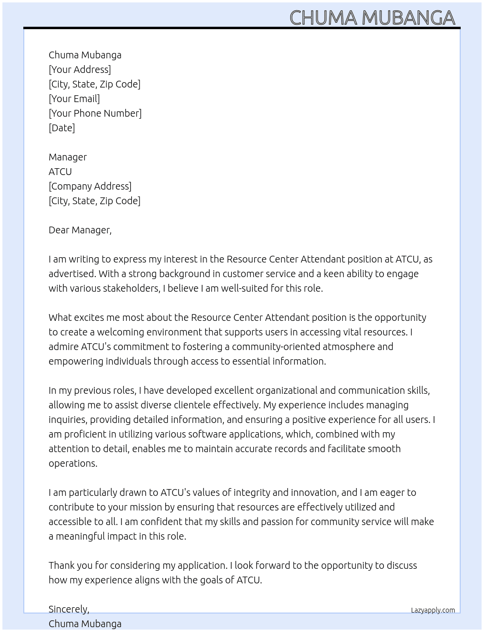 Resource Center Attendant  At ATCU Cover Letter