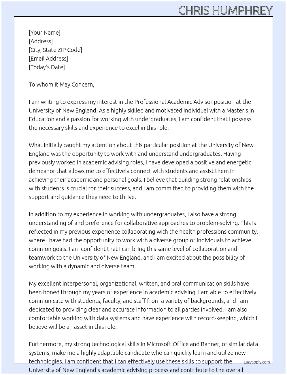 Professional Academic Advisor At University of New England Cover Letter