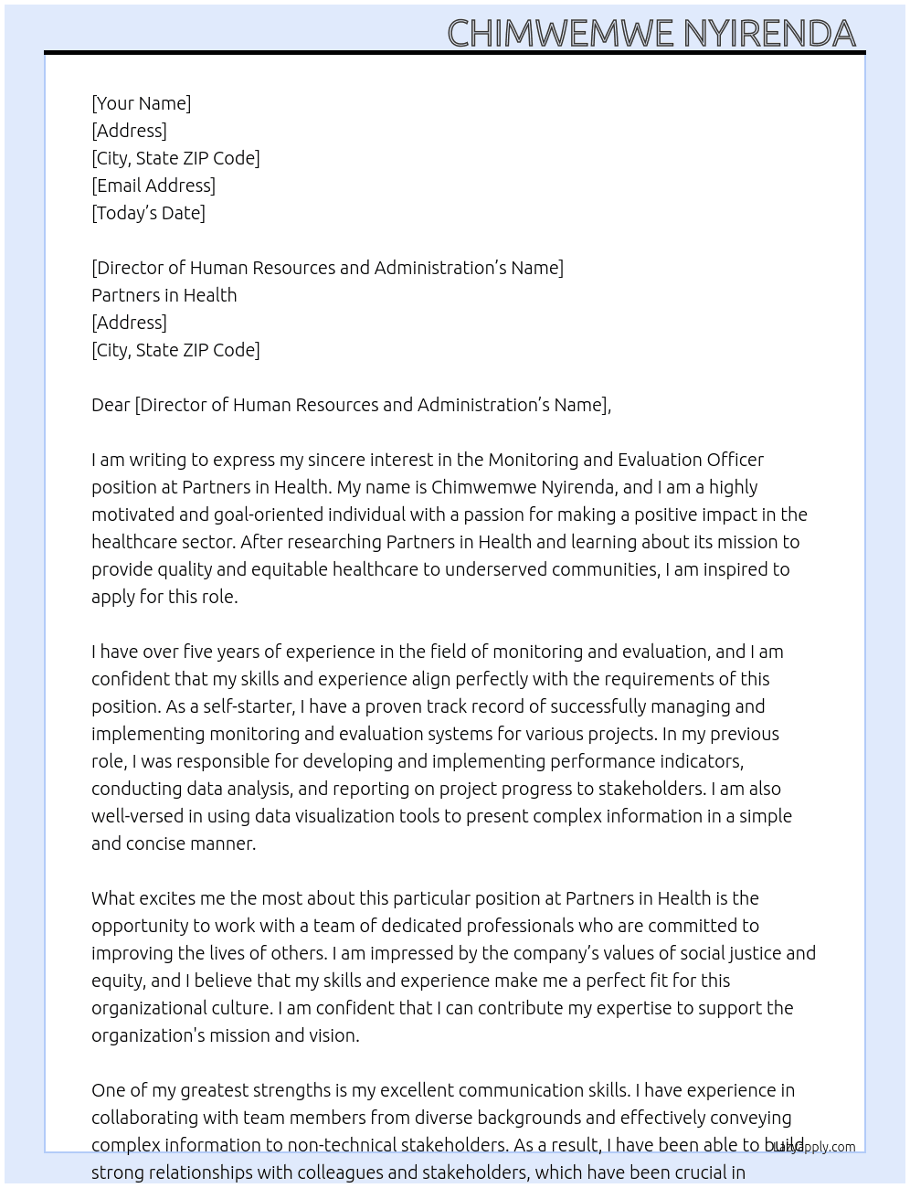 Monitoring and evaluation officer  At Partners in Health  Cover Letter