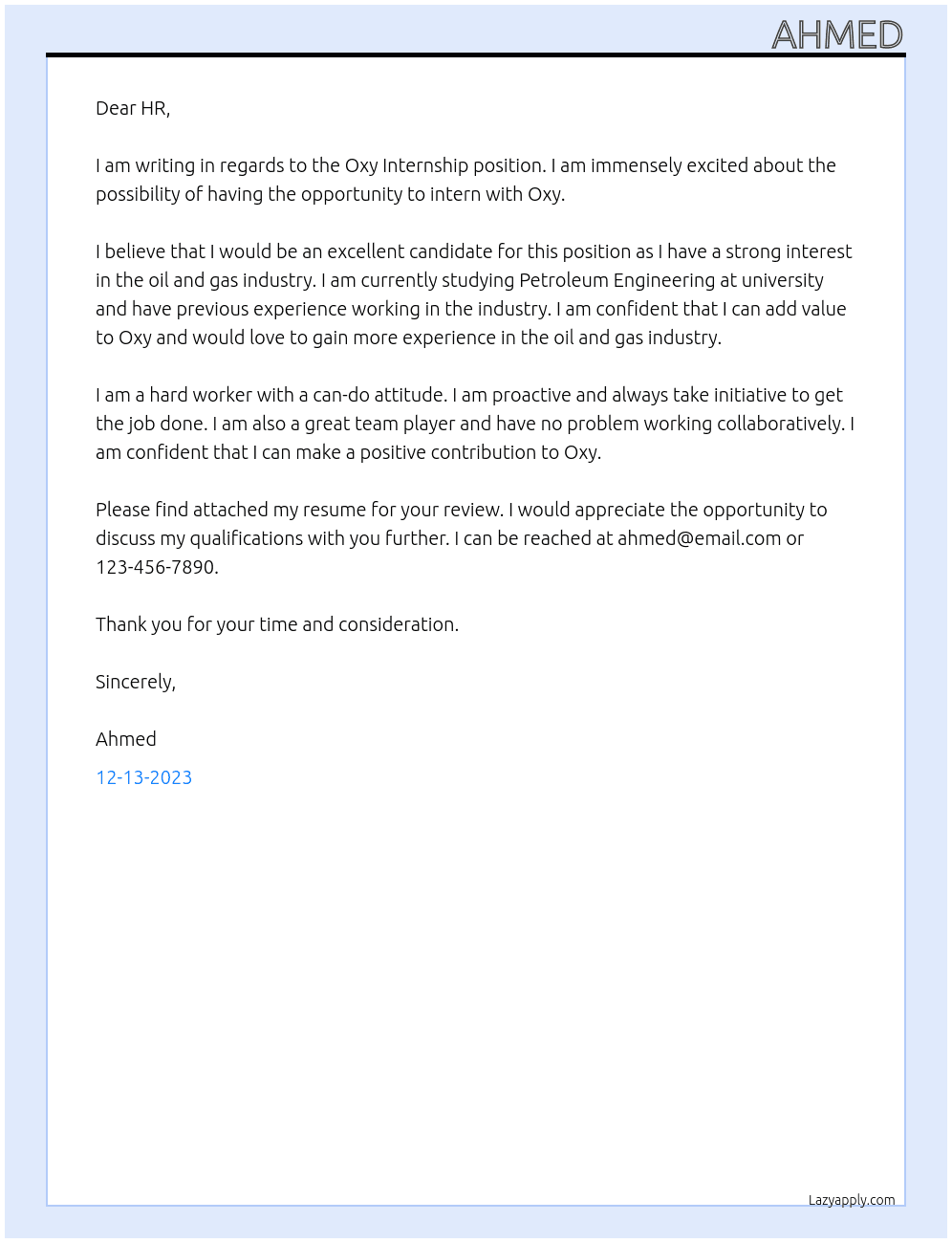 Oxy Internship At Oxy Cover Letter
