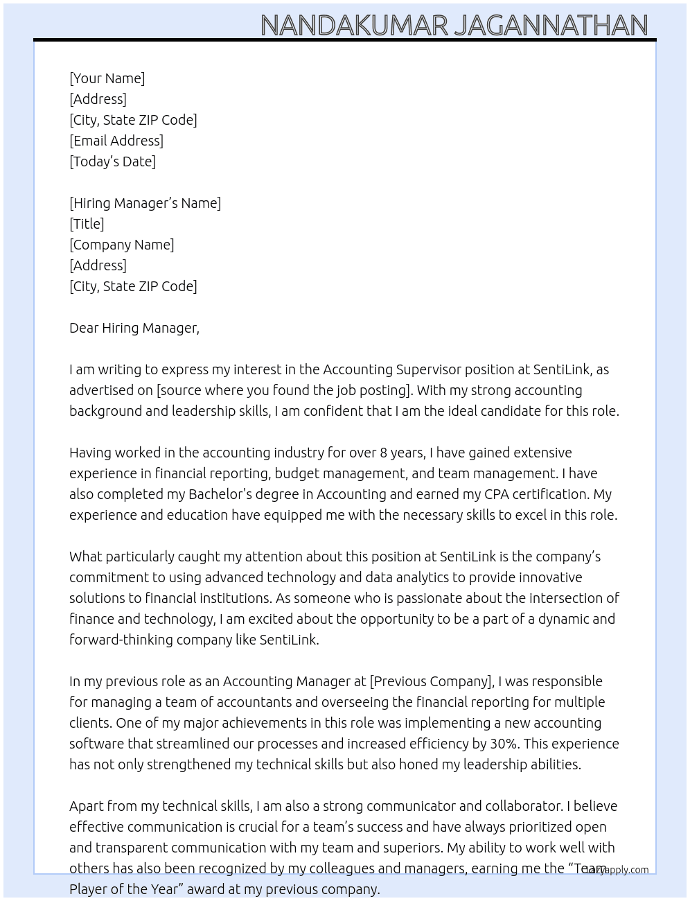 Accounting Supervisor  At SentiLink Cover Letter