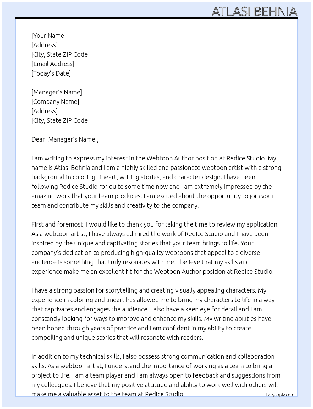 Webtoon Author  At RedIce studio  Cover Letter