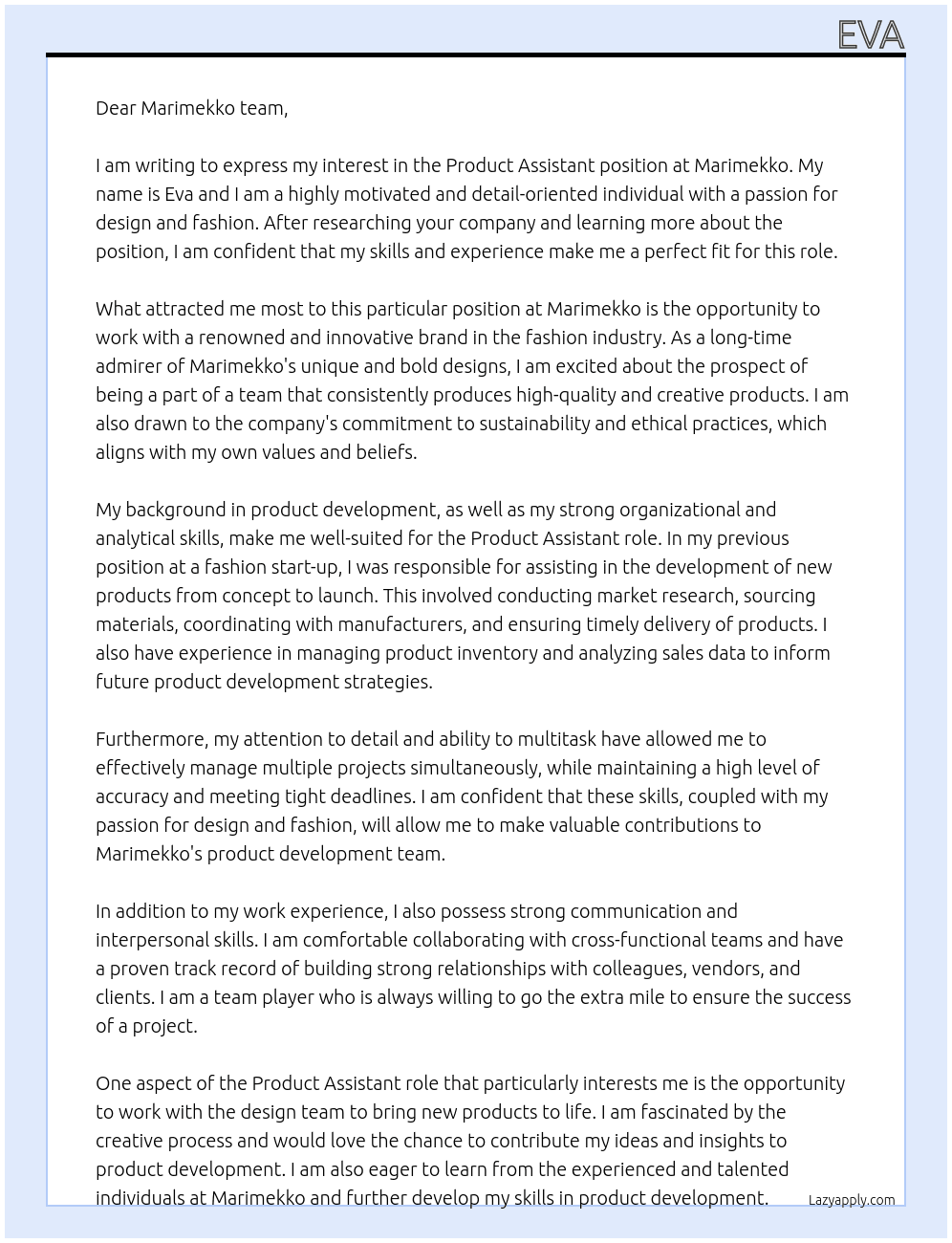 Product assistant At Marimekko Cover Letter