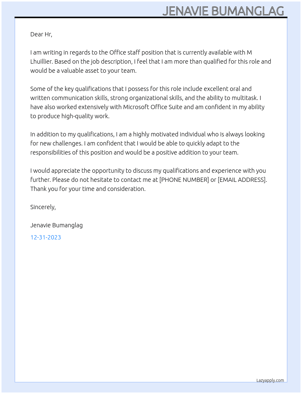 Office staff At M Lhuillier  Cover Letter