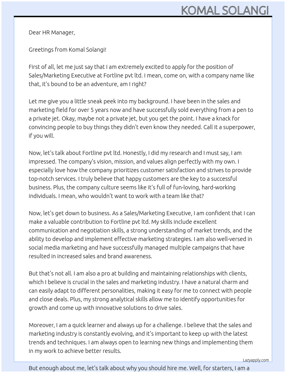 Sales/Marketing Executive  At Fortline pvt ltd Cover Letter