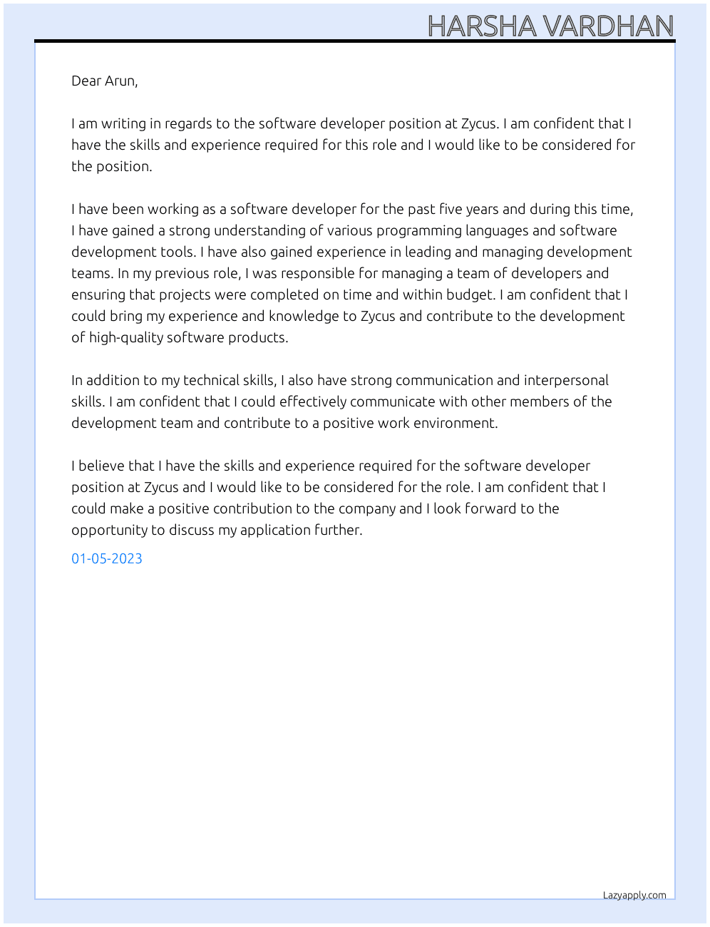 Software developer  At Zycus Cover Letter