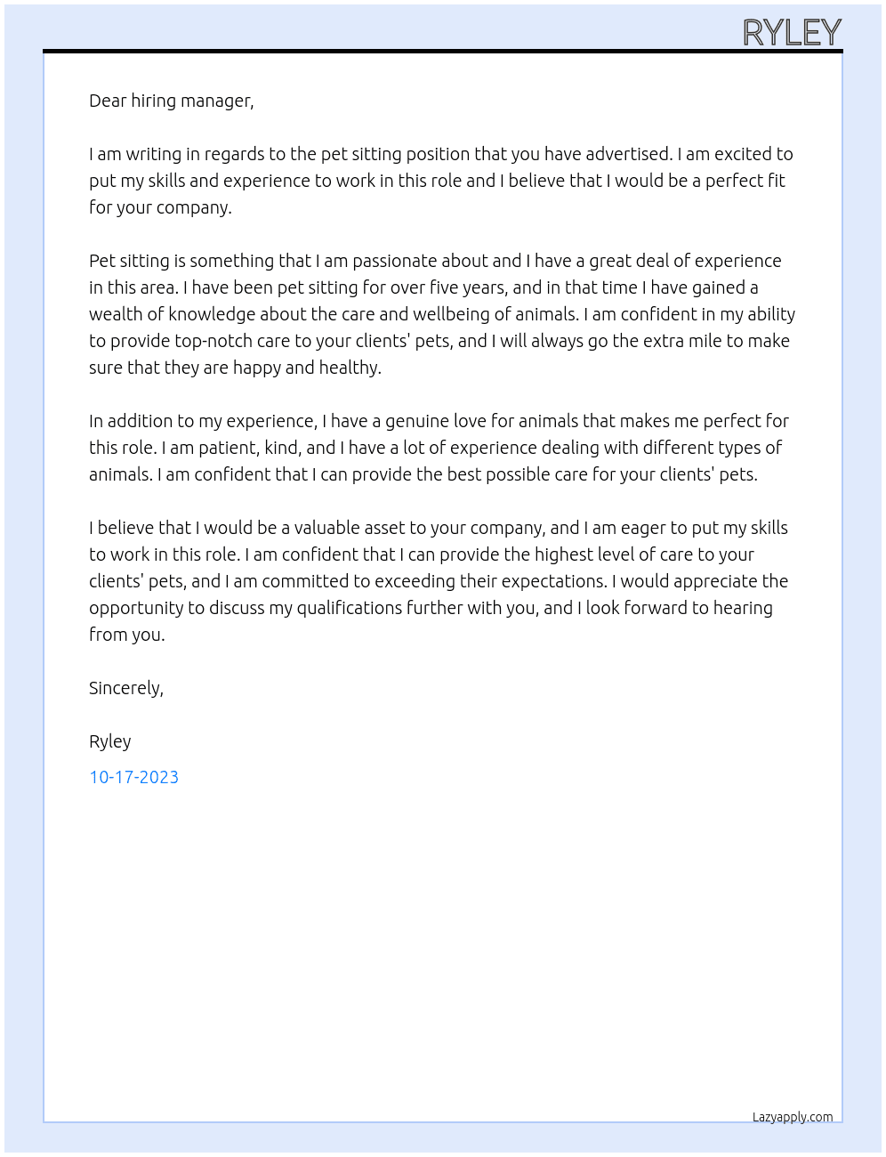 Pet sitter At Pet sitter Cover Letter