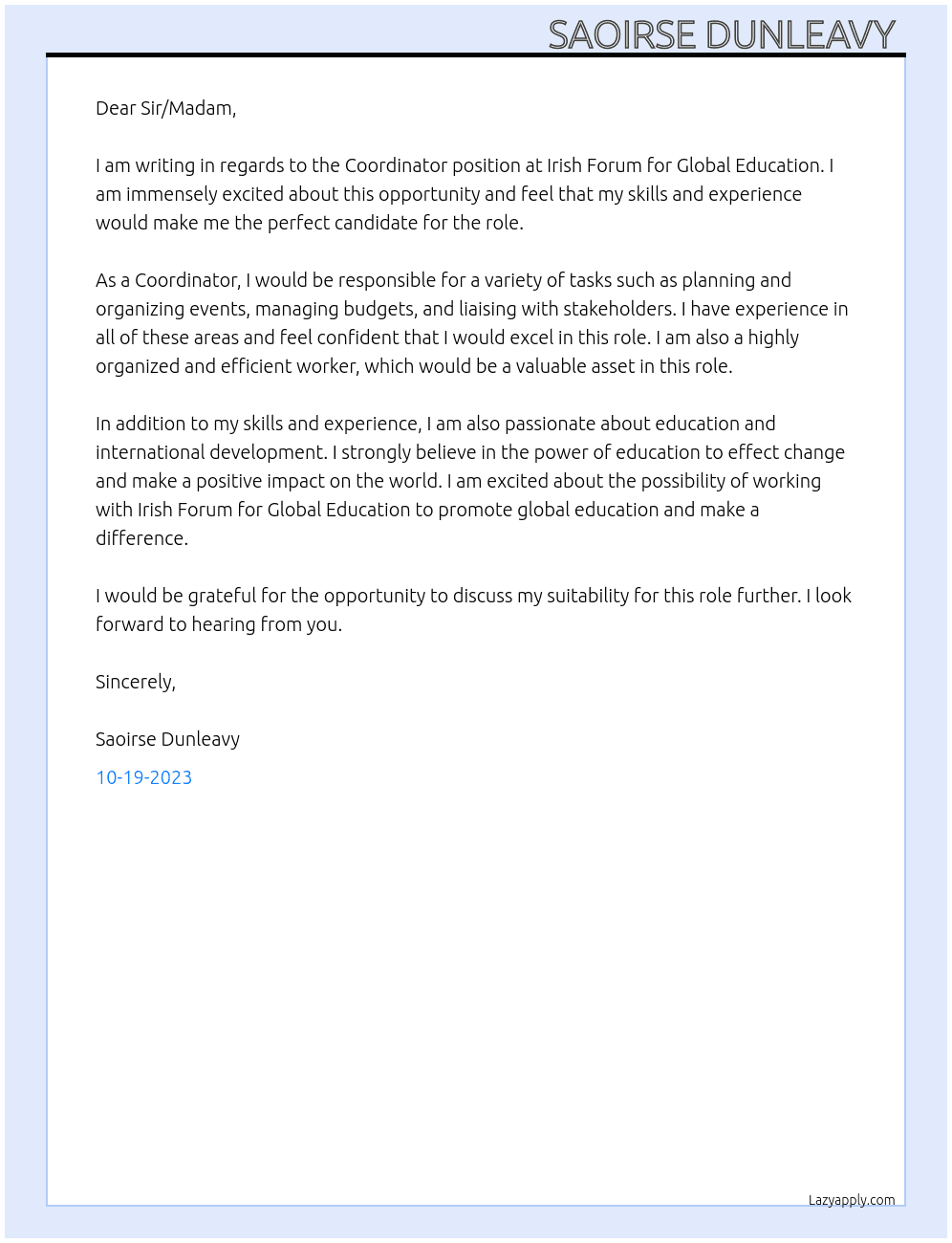 Coordinator  At Irish Forum for Global Education  Cover Letter
