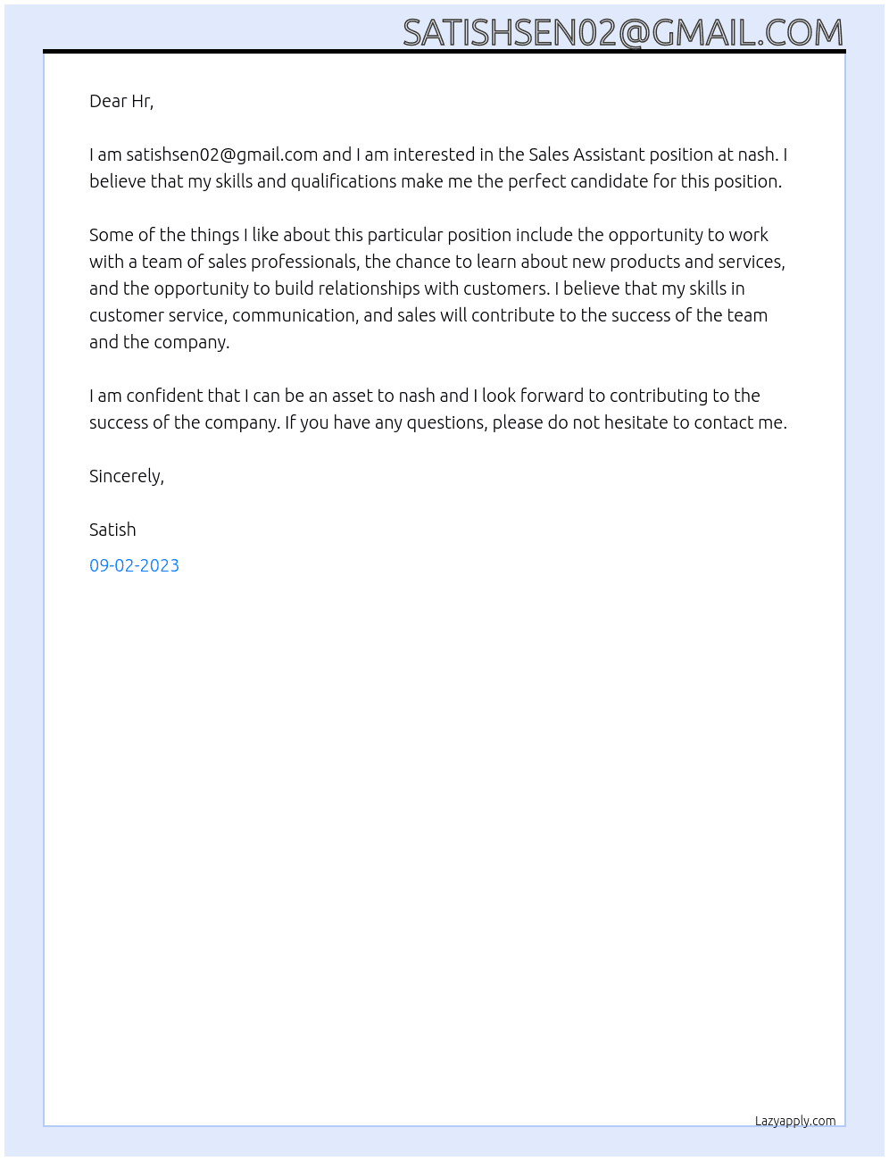 Sales Assistant  At nash Cover Letter