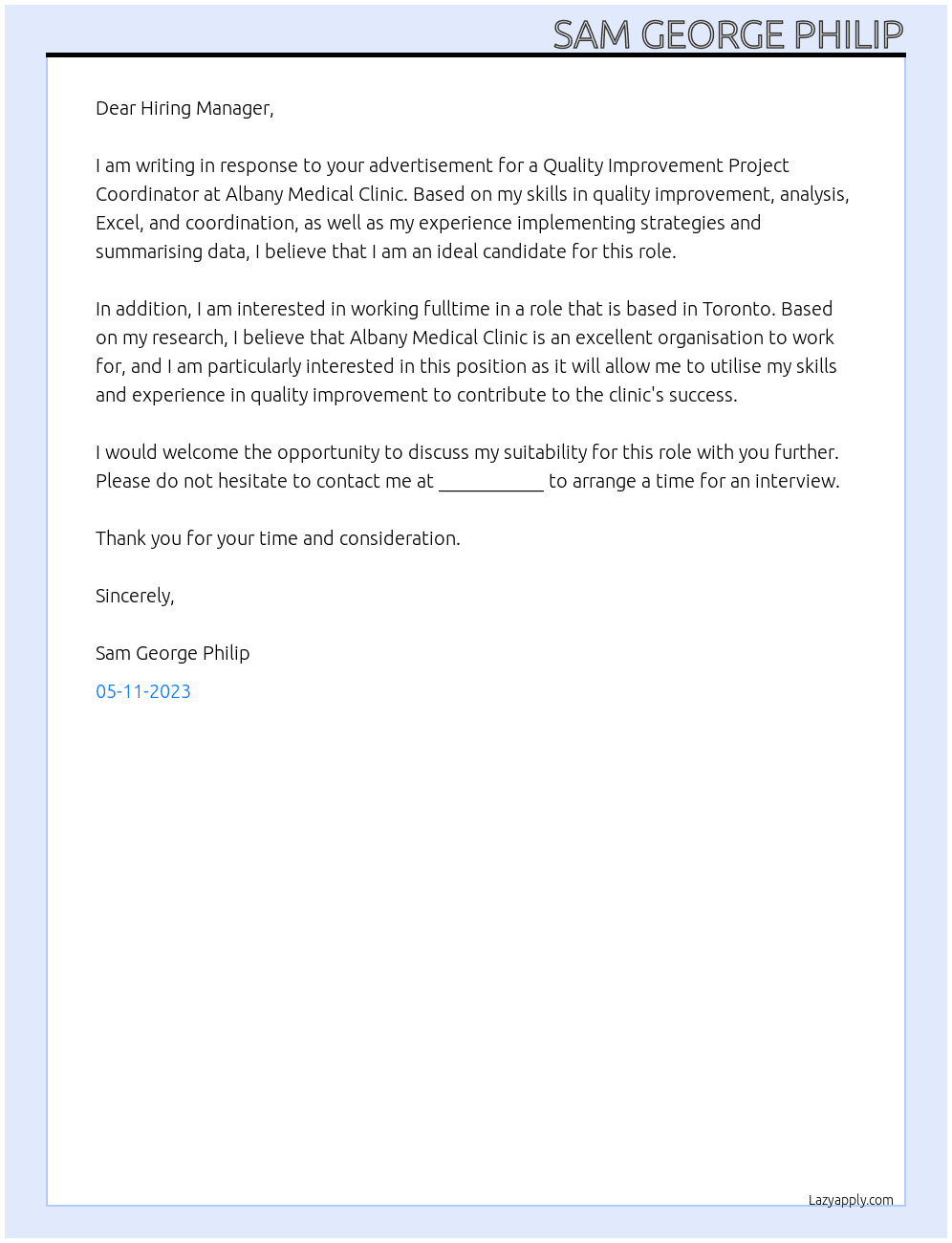 Quality Improvement Project Coordinator At Albany Medical Clinic Cover Letter