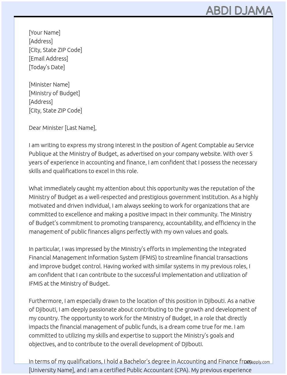 Agent comptable au service publique  At Ministry of Budget Cover Letter