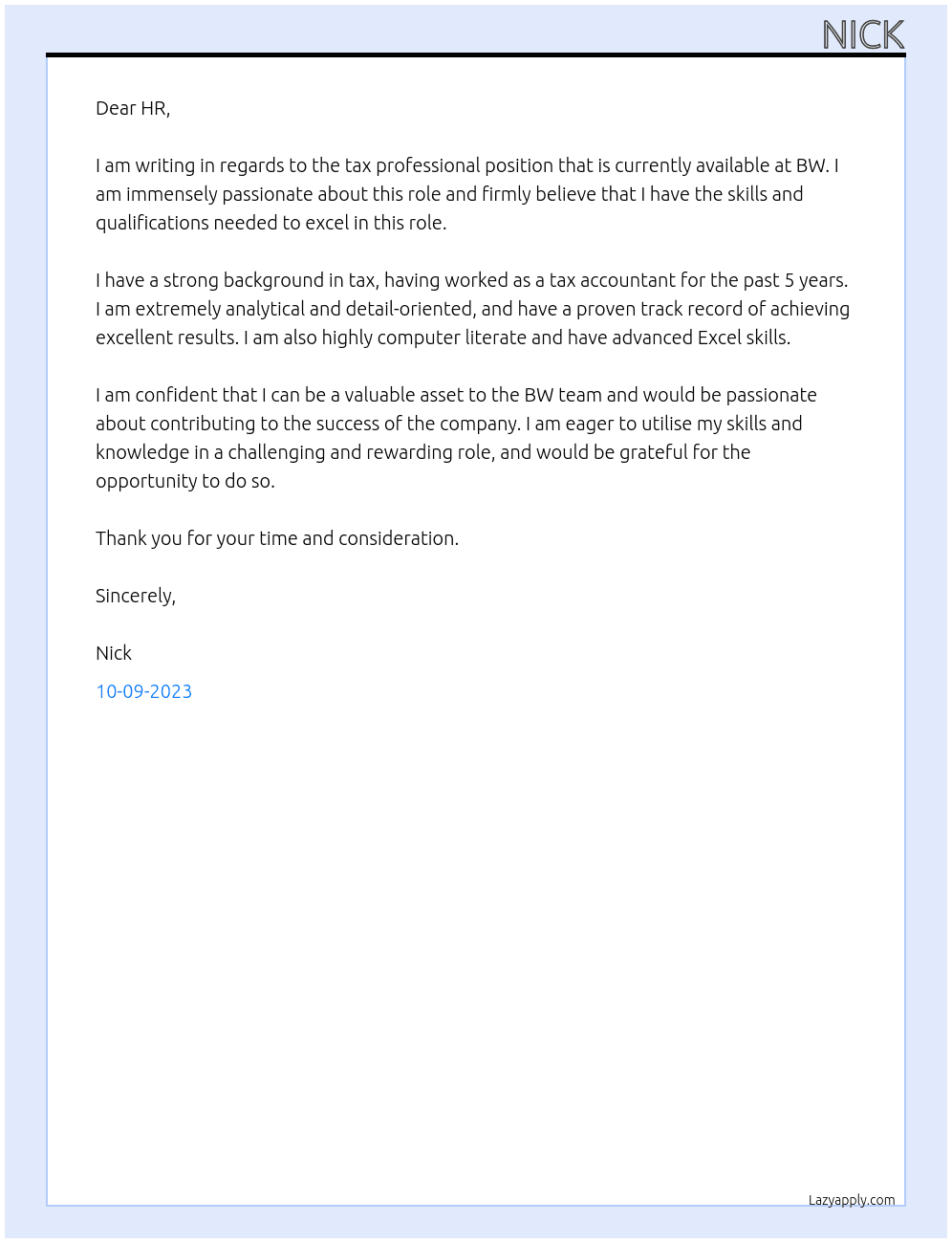 tax professional At bw Cover Letter