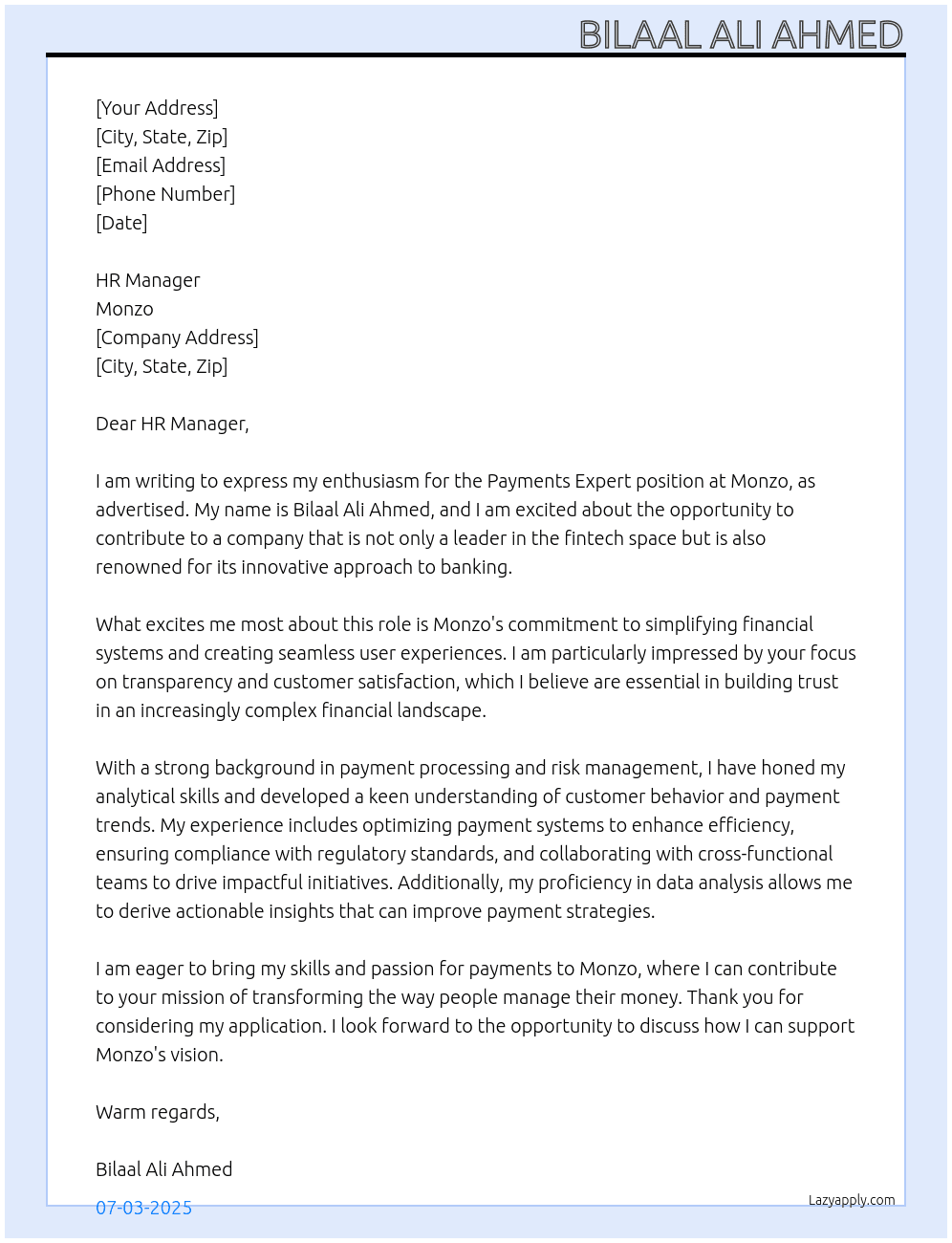 Payments expert At Monzo Cover Letter