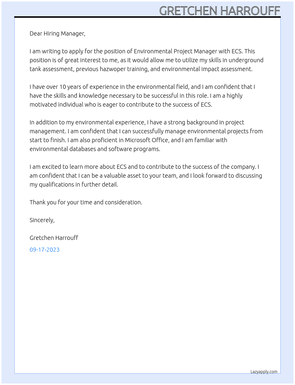 Environmental Project Manager At ECS Cover Letter