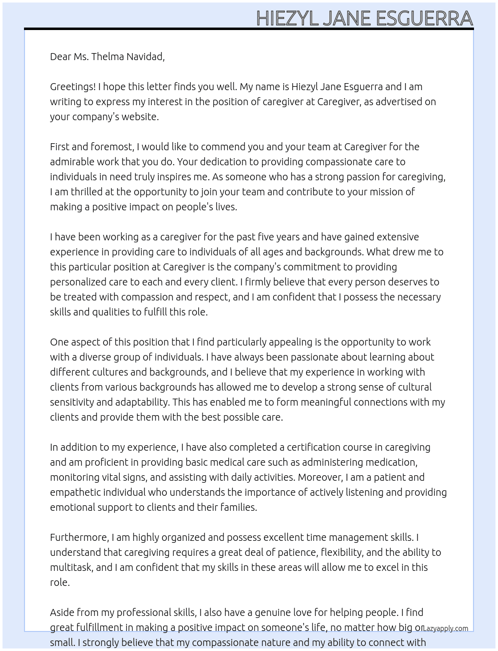 caregiver At Caregiver Cover Letter