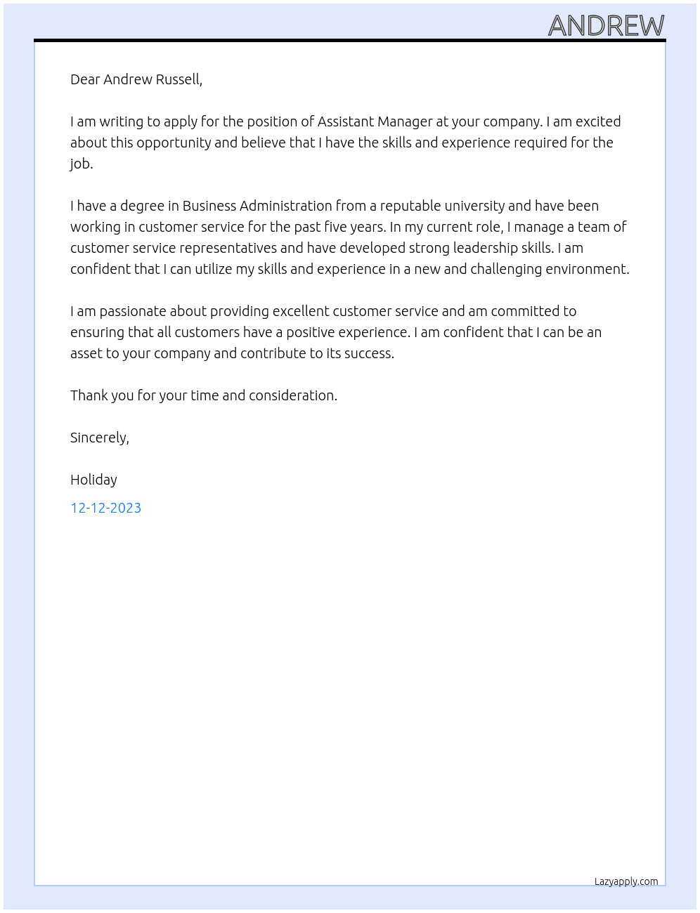 Assistant Manager  At Andrew Russell Cover Letter