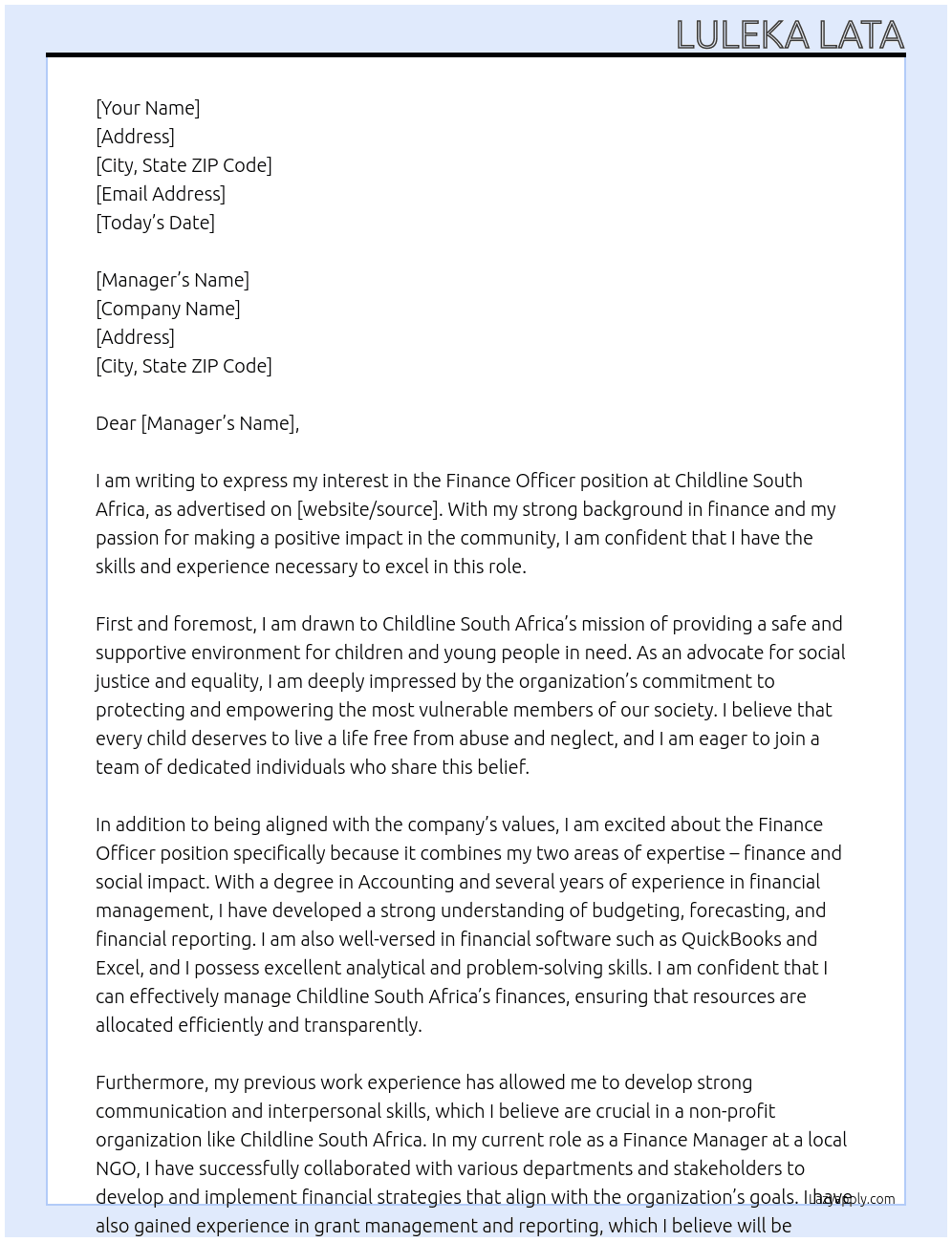 Finance officer At Childline South Africa Cover Letter