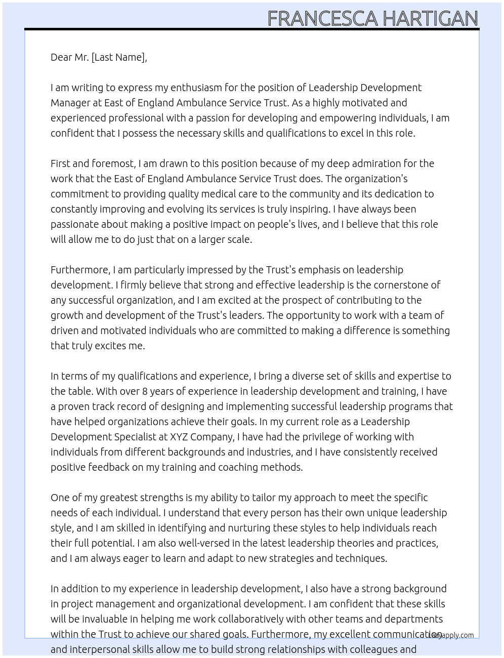 Leadership development manager At East of England ambulance service trust Cover Letter