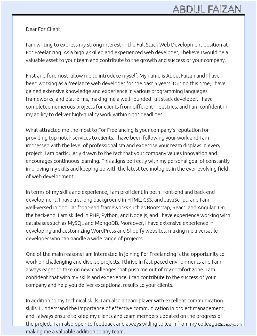 Full stack Web development  At For freelancing  Cover Letter