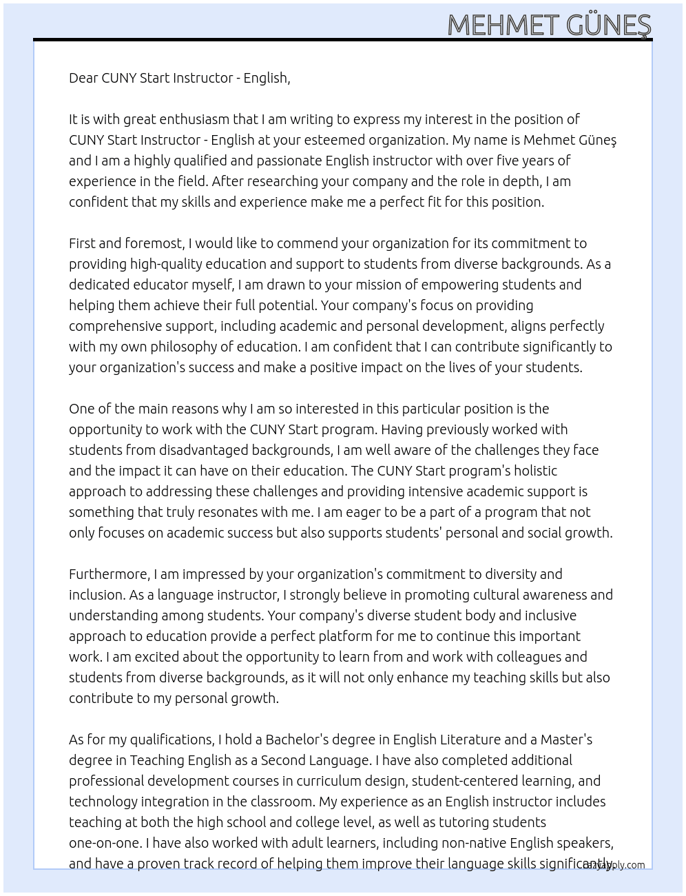 CUNY Start Instructor - English At CUNY Start Instructor - English Cover Letter
