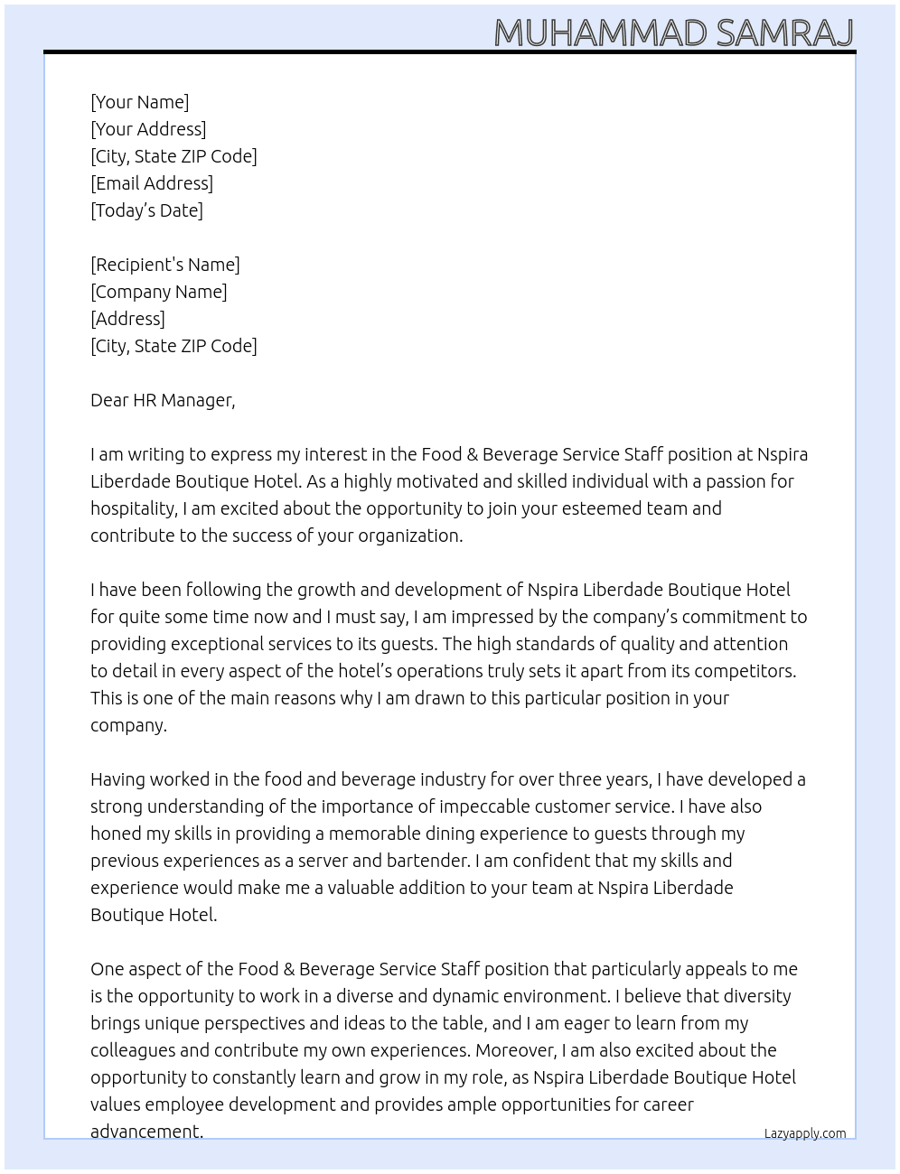 Food & Beverage Service Staff At Nspira Liberdade Boutique Hotel Cover Letter