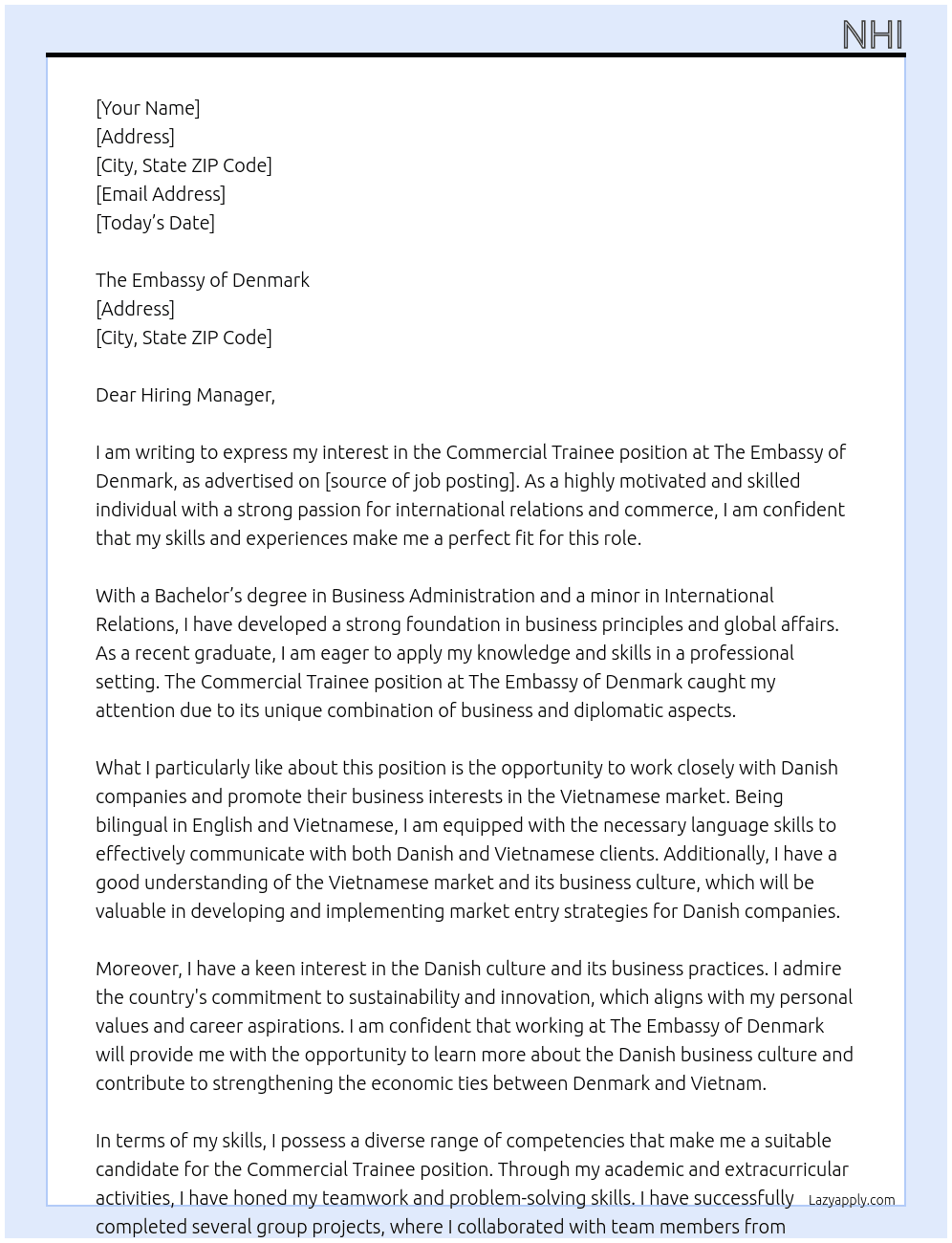 Commercial Trainee At The Embassy of Denmark Cover Letter