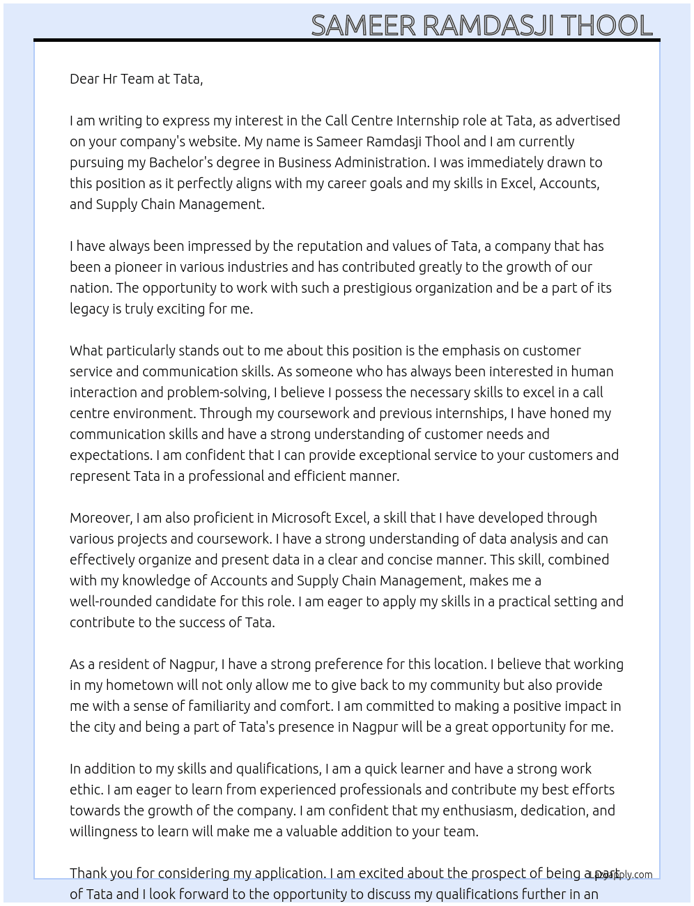 Call centre  At Tata  Cover Letter