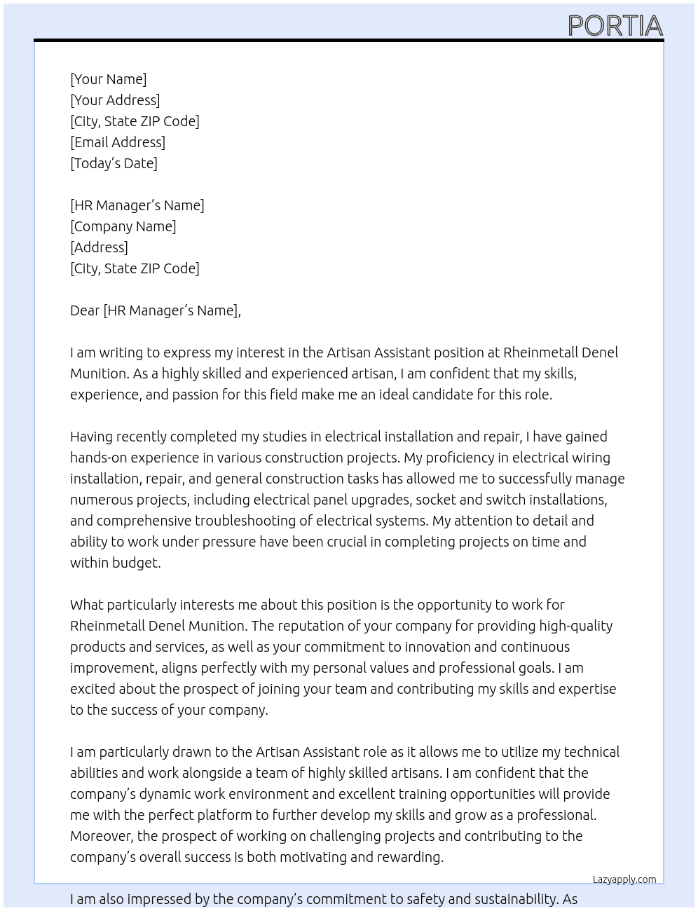 Artisan Assistant  At Rheinmetall Denel Munition  Cover Letter