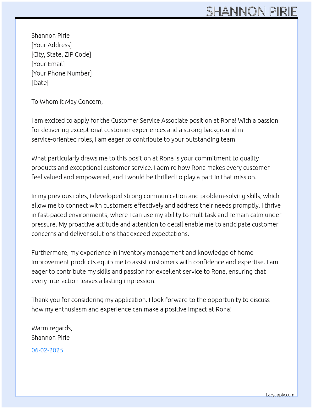 Customer Service Associate At Rona Cover Letter