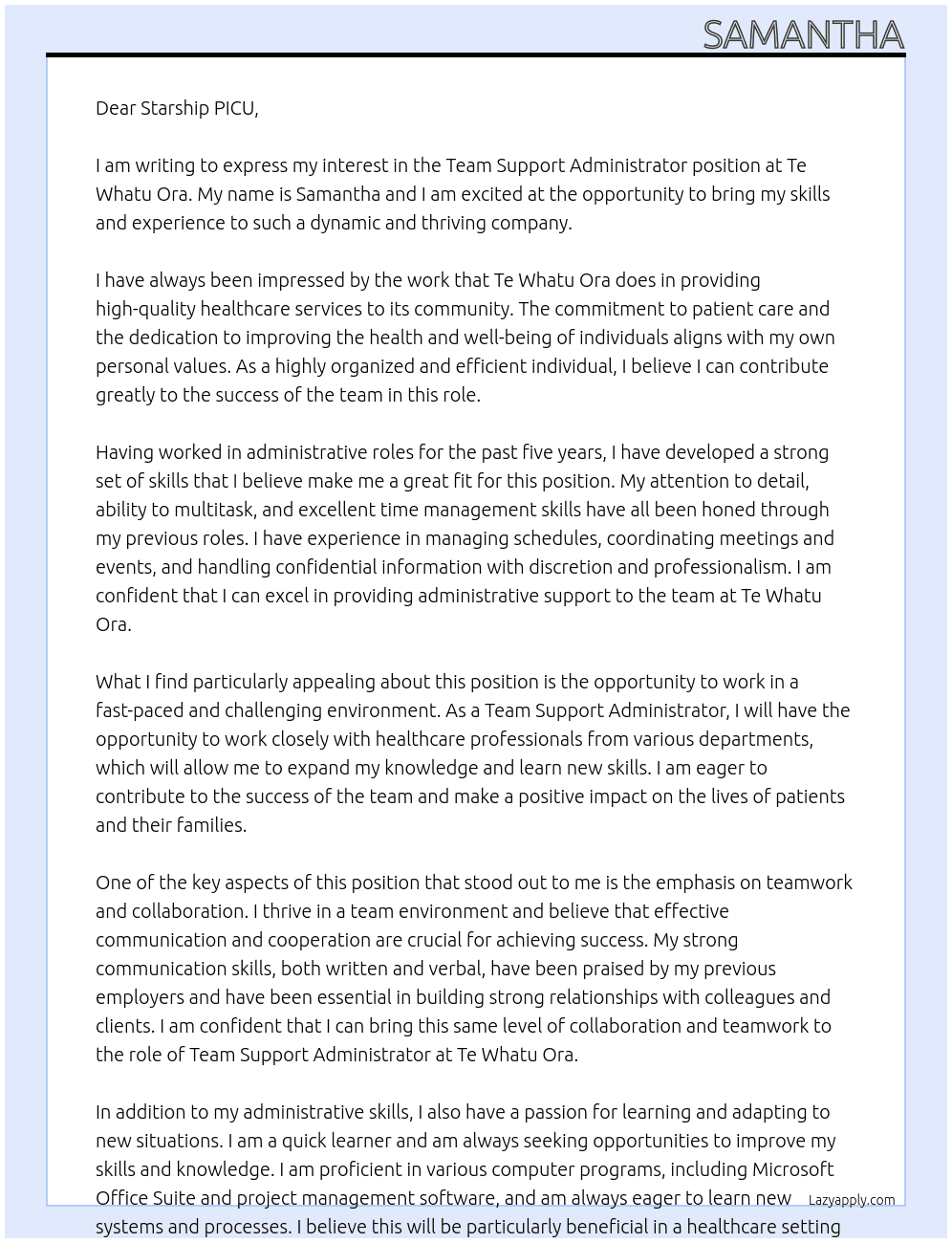 Team Support Administrator At Te Whatu Ora Cover Letter
