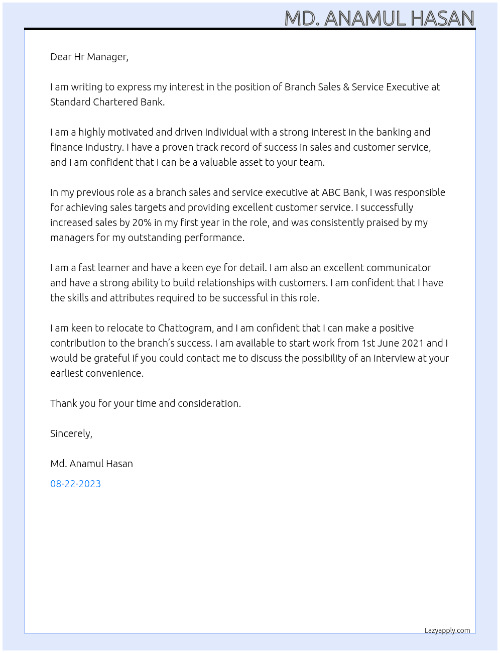 Branch Sales & Service Executive At Standard Chartered Bank Cover Letter