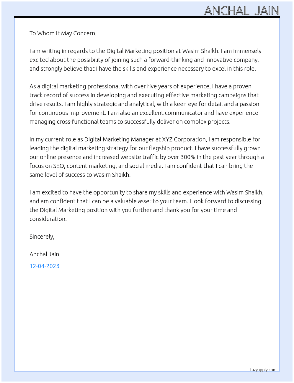 Digital marketing At Wasim Shaikh Cover Letter