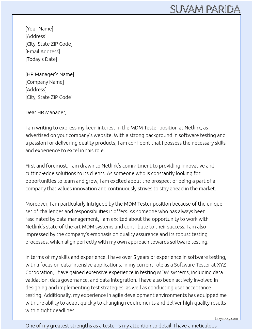 MDM Tester At Netlink Cover Letter